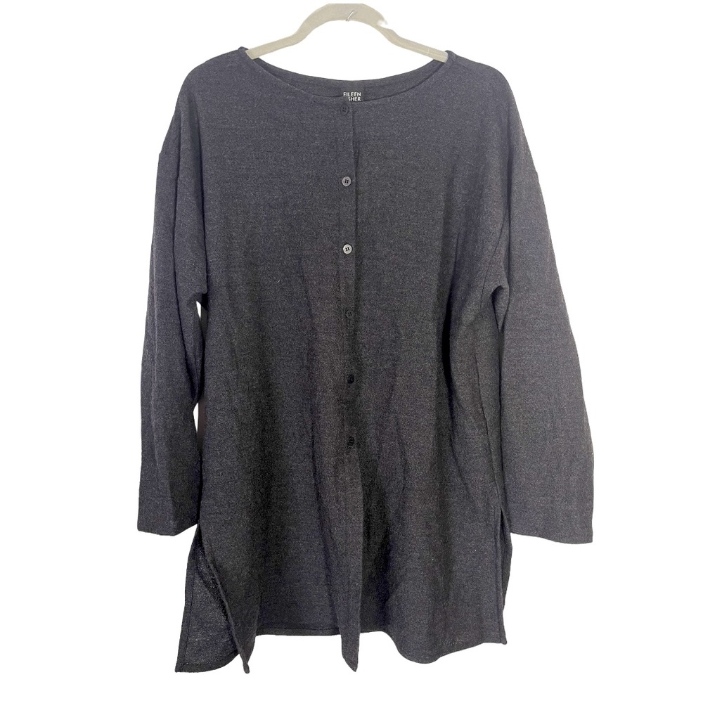Eileen Fisher 100% Wool Longline Cardigan Charcoal Gray‎ Womens Size Large